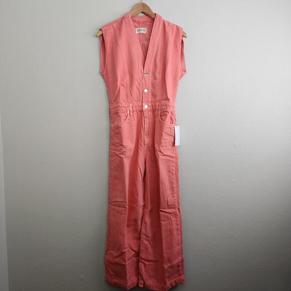 Etica Anthropologie Camden Denim Jumpsuit Coral Wide Leg Utility Small NWT - Picture 8 of 15